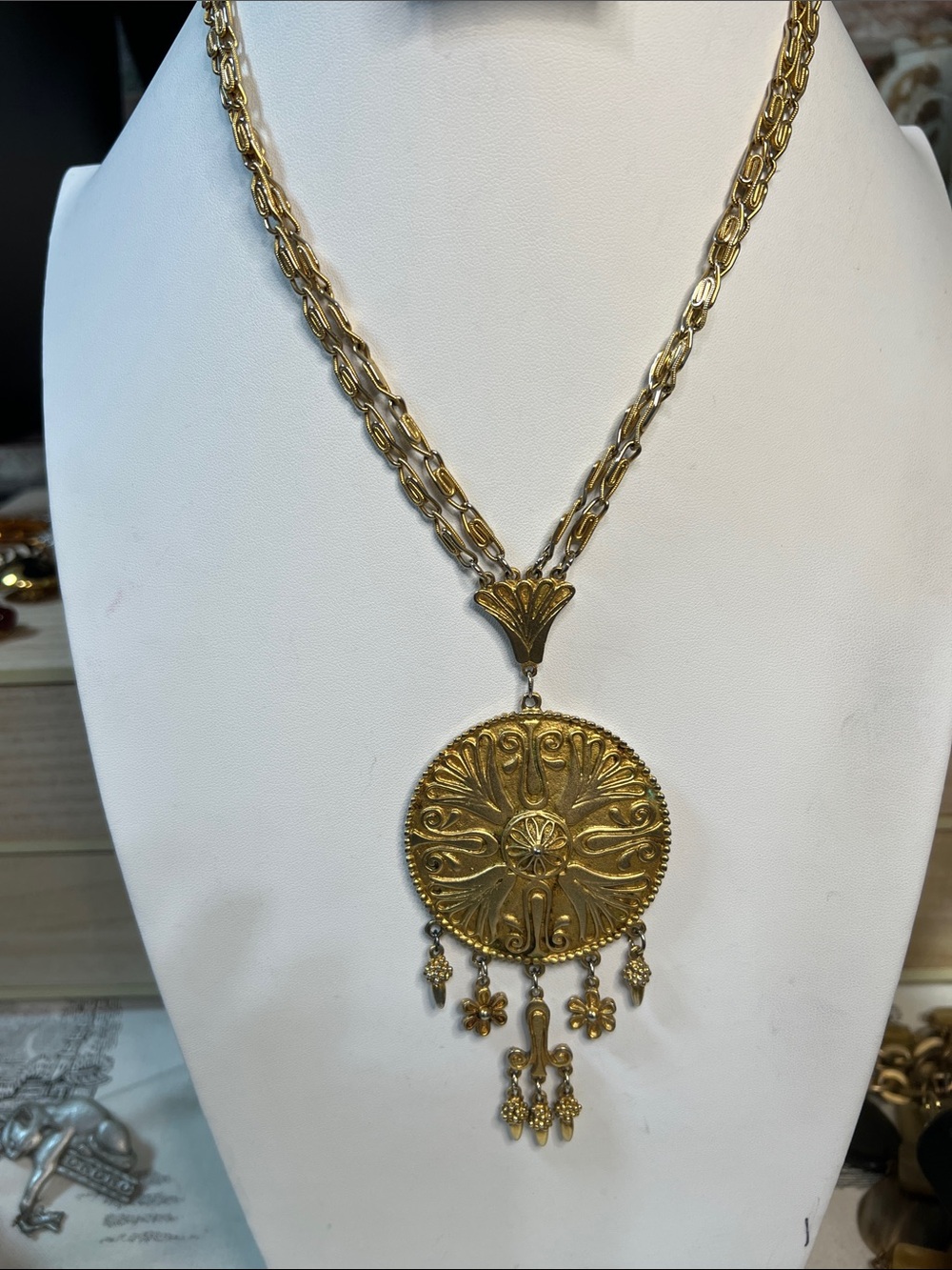 Vendome Ornate Disc Pendant Necklace with Decorative Tassels - Women Jewelry